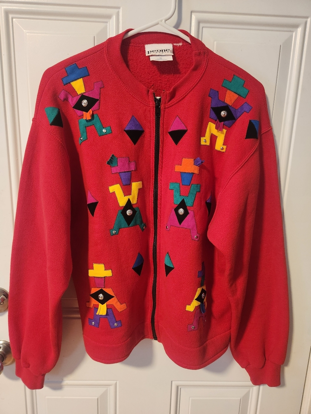 Vtg Peone Classics Geometric Aztec Red Zip-Up Jacket Cotton Blend Size Medium